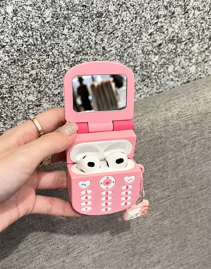 Kawaii Pink Flip Phone Kitty Mirror AirPods 4 Pro 2 Case AirPods 3 Case AirPods 1 2 Case, Cute AirPods Case, AirPods Pro Case, Aesthetic AirPods Case