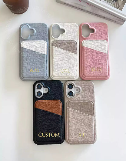 Personalized Engraved Name Leather iPhone Case with Card Holder