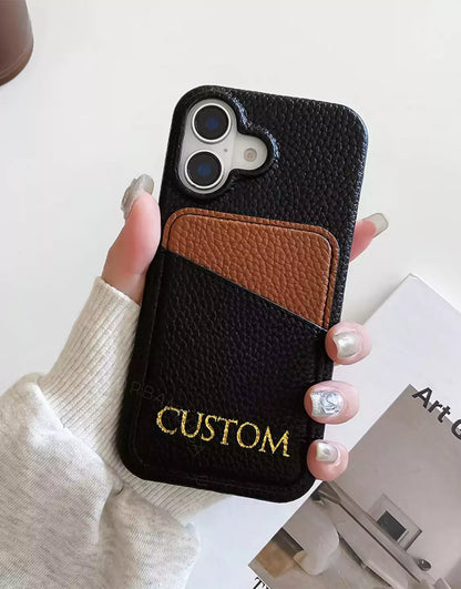 Personalized Engraved Name Leather iPhone Case with Card Holder