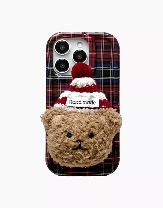 Retro Red Plaid iPhone Case with Beanie Hat Bear Phone Grip - URBANLUSA