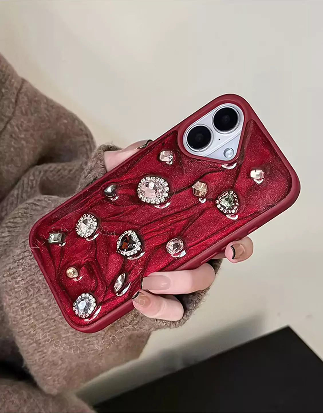 Retro Wine Red 3D Bling Diamonds iPhone Case